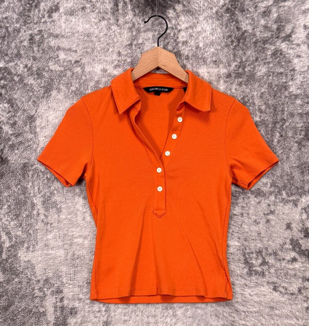 Veronica Beard Kearney Polo Shirt Top XS Womens Orange Pima Cotton Ribbed